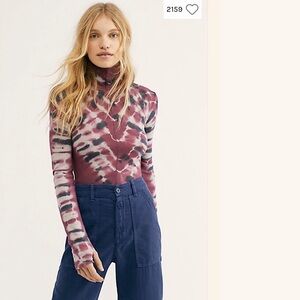 Free People Ribbed Mock Neck Top in Plum, Gray and Cream Tie-Dye